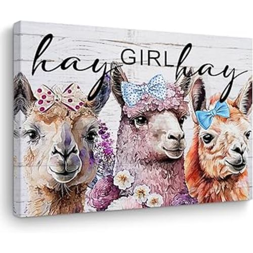 Vintage Llama Gifts Farm Animals Flowers Llama Decor Canvas Wall Art Wall Decor Country Framed Posters Art Prints Artwork Pictures for Farmhouse Home Kitchen Girls Room Living Room Decor Hay Girl Hay
