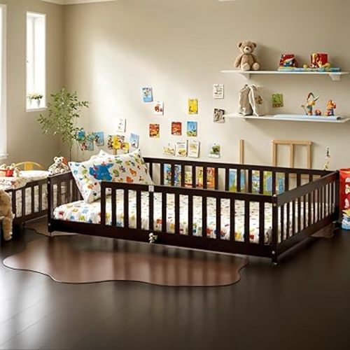 Full Size Floor Bed with Fence and Door,Rubber Wood Floor Bed w/Safety Guardrails/Near The Ground,Easy to Assemble & No Box Spring Needed, Espresso