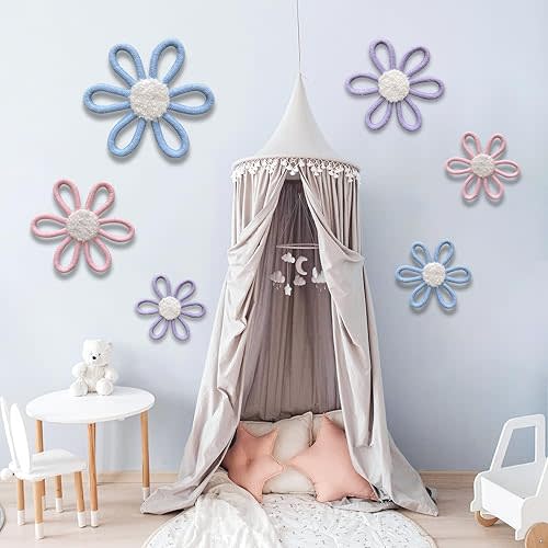 6 Pcs Boho Daisy Nursery Wall Decor Set - Handwoven Macrame Wall Hanging Art with Cotton Rope & Yarn, Floral Bohemian Room Decor for Girls Bedroom, Baby Room, Dorm (Pink, Blue and Purple)