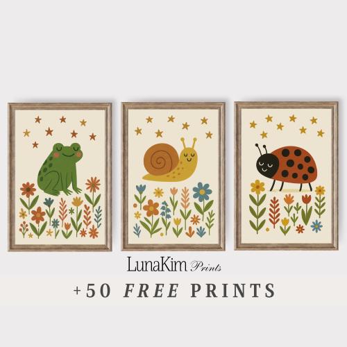 Whimsical Insect Nursery Print Set For Girls Frog Snail And Ladybird Art With Flowers And Stars Cute Decor For Toddler Or Baby Room | S10