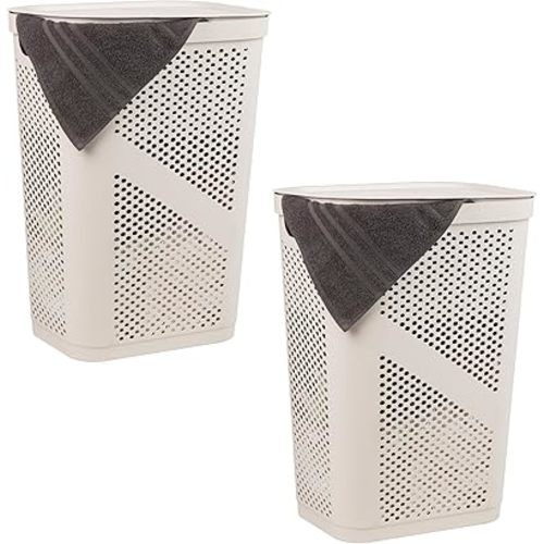 Mind Reader 60L Slim Laundry Hamper, Clothes Basket, Lid, Ventilated, Plastic, 17.25"L x 13.75"W x 23.5"H, Set of 2, Ivory