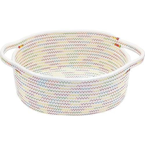 ABenkle Small Woven Basket, 12"x 8" x 5" Cute Small Basket, Rope Room Shelf Storage Basket, Cat Dog Toys Basket Chest Box, Empty Decorative Gift Basket with Handles - Colorful Thread