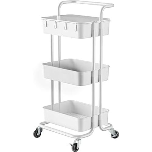 Pipishell PIUC09W - Carrito rodante de 3 niveles con mesa, carrito utilitario con ruedas y 4 ganchos, carrito de almacenamiento rodante para almacenamiento y organización en el hogar, blanco, PIUC09W