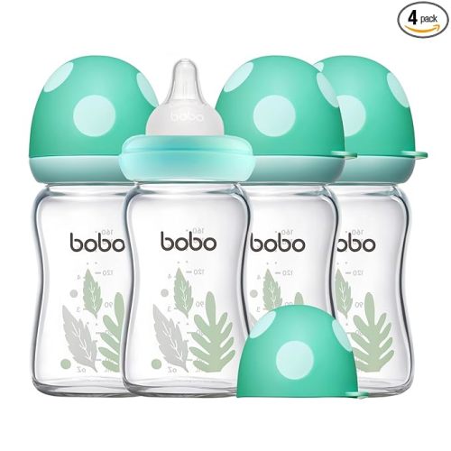 YOHKOH Natural Glass Baby Bottle with Level 1 Slow Flow Nipple, Newborn Anti-Colic Baby Bottles, Wide Neck Mushroom Baby Glass Bottle ((5.4oz (Pack of 4), Blue-A)