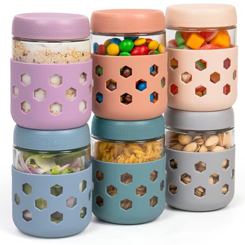 Gemice 6-Pack 16oz Glass Mason Jars with Silicone Sleeves, Airtight BPA-Free Overnight Oats Containers with Lids, Dishwasher Safe Leak-Proof Meal Prep Jars for Chia Pudding, Yogurt, Snacks