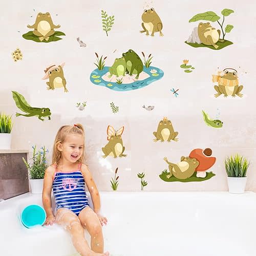 Removable Cute Frog Wall Decals Peel & Stick Frogs Dragonflies Lotus Pond Wall Stickers Set DIY Individual Stickers Kids Room Playroom Nursery Wall Decor