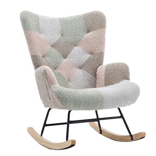 FurniTribe Rocking Chair for Nursery, Upholstered Teddy Fabric Nursing Chair with High Backrest, Modern Accent Glider Rocker Chair for Living Room Bedroom (Macaroon)