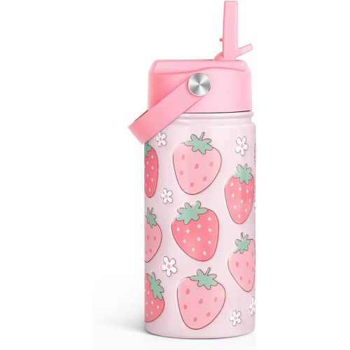 SANDJEST Strawberry Kids Water Bottle with Straw Lid 12oz Insulated Stainless Steel, Travel Tumbler, Gifts for Toddlers, Girls, Birthday, Christmas, Back to School