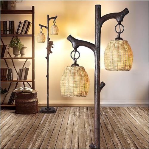 68" High Farmhouse Rustic Country Cottage Floor Lamp Tree Trunk Faux Wood Column Dark Bronze Wicker Drum Shade Decor for Living Room Bedroom Reading Room