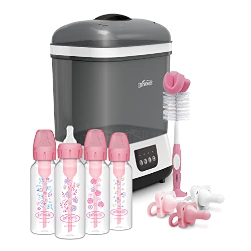 Dr. Brown’s Anti-Colic Options+ Baby Bottles 8 oz, Level 1 Nipple, 4 Pack, Pink Floral, 0m+ with Sterilizer, Bottle Brush, and HappyPaci Pacifier 0-6m, Pink Gift Set
