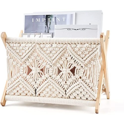 Mkono Macrame Magazine/Book Rack Boho Storage Holder Standing Basket for Books, Newspapers, Swaddle Blanket, Dorm Essentials, Living Room, Bathroom, Office, Nursery, Home Decor, Medium Size, 14”L x 10”W