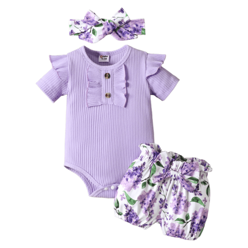PatPat Baby Girl Outfit Set with Ruffle Sleeve Bodysuit and Flower Print Shorts Gift for Easter 6-9 Months