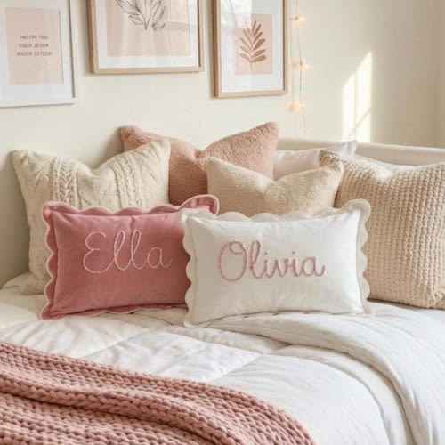 Scalloped Edge Personalized Name Pillow, Baby Girl Pillow, Pink Velvet Nursery Decor, Custom Toddler Present, Baby Shower Gift Bow aesthetic