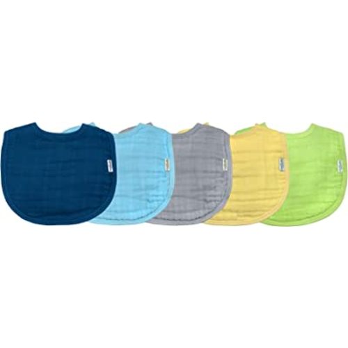 Muslin Bibs made from Organic Cotton (5 pack)| 4 absorbent layers protect from sniffles, drips, & drools | 100% Organic cotton muslin, Adjustable snap closure, Machine washable
