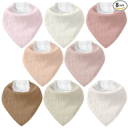 Muslin Baby Bibs 8 Pack, Baby Bandana Drool Bib for Drooling and Teething, Cotton Soft Absorbent for Girls Boys (Pink)
