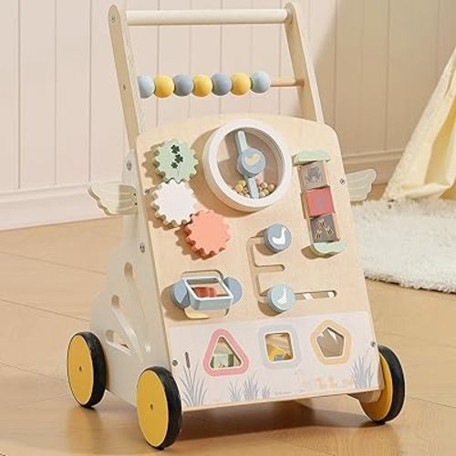 Wooden Baby Walker, Baby Push Walker, Adjustable Speed Montessori Walker Toy with Activity Center Toys for Boys Girls 1 2 3 Year Old
