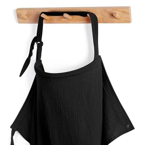 Blissful Diary Muslin Nursing Cover for Breastfeeding, Breathable Breastfeeding Cover up with Arch Neckline for Women, Nursing Apron (Black)