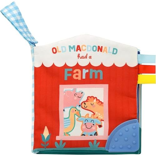 Magic Years 5 inch Soft, Crinkle Activity Book with Teether and Travel Strap for Baby, Old Macdonald Had a Farm, Red
