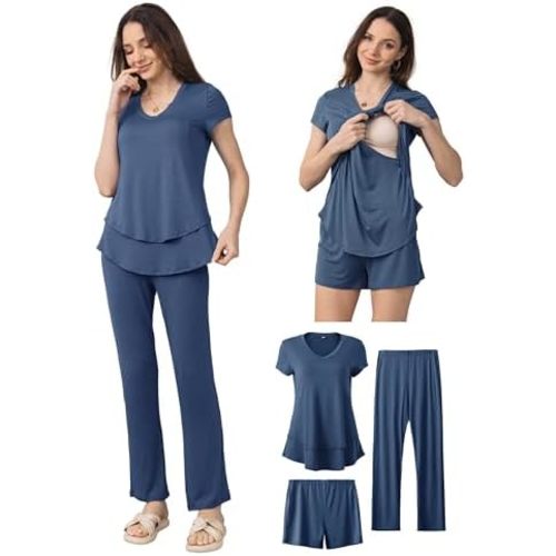 SUNNYBUY 3 PCS Maternity Breastfeeding Pajamas Set, Hidden Nursing Tops, Adjustable Pregnancy Shorts & Pants Postpartum PJS