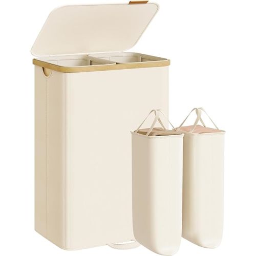 SONGMICS Laundry Hamper, Laundry Sorter with Lid, Storage Basket Bin, Removable Liners, Bamboo Frame, for Bedroom, 2 Sections, 39.6 Gal. (150 L), Cream White ULCB532WD01