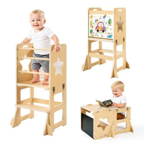 VEVOR Toddler Tower, Wooden, 4 in 1 Kitchen Step Stool for Kids 1-5, Montessori Weaning Table and Chair Set, with Chalkboard, Nature