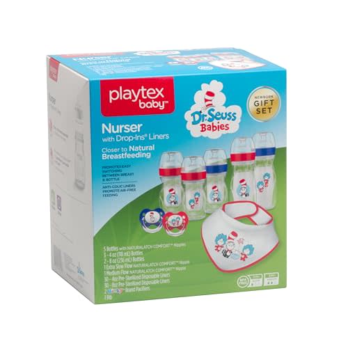 Playtex Baby Dr. Seuss Baby Bottles Gift Set – Newborn Baby Essentials with Binky Pacifiers, Nurser Bottles, Drop-Ins Liners & Bib