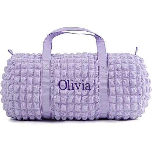 Personalized Girls Duffle Bag - Seersucker Overnight, Dance, Ballet Bag for Little Girls - Custom Small Kids Toddler Daycare Bag for Weekend Sleepover Travel (Purple)