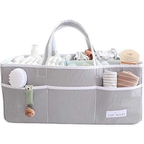 Lily Miles Baby Diaper Caddy - Organizer Tote for Infant Boy or Girl - Baby Shower Basket - Nursery Must Haves - Registry Favorites - Newborn Caddie Car Travel - Gray/Mint, Extra Large