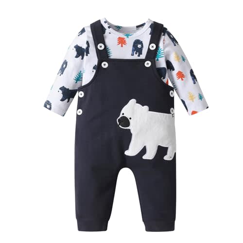 Kulcerry Infant Baby Boy Clothes Suits Long Sleeve Animal Print Tops Suspender Pants Outfit Sets