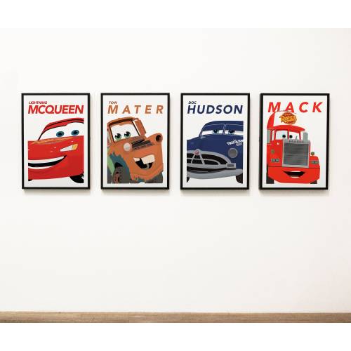 Set of 4 Cars Prints for Nursery Lightning McQueen Mac Mater Doc Hudson Print for Toddlers Room Cars Theme Wall Art actual print
