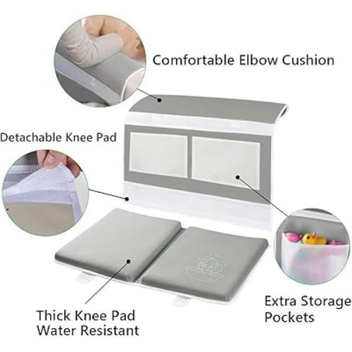 Bath Kneeler and Elbow Rest Pad Set - 1.5" Thick Bath Kneeling Pad with Toy Organizer - Large Safty Kneeler Mat for Tub Bathing and Bathroom Time - Detachable and Foldable Child Bath Tub Mat - Gray