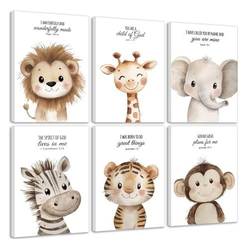 6Pcs Nursery Bible Verse Animal Canvas Wall Art Cute Woodland Animals Christian Picture Wall Decor Lions Elephant Giraffe Poster Print Artwork for Classroom BabyBedroom Boys Girls Home Decoration