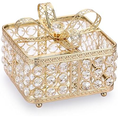 ELLDOO Vintage Crystal Jewelry Box, Golden Bow-knot Gift Box Style Trinket Box, Metal Mirrored Decorative Box Ring Earrings Jewelry Organizer Keepsake Box for Women Girls