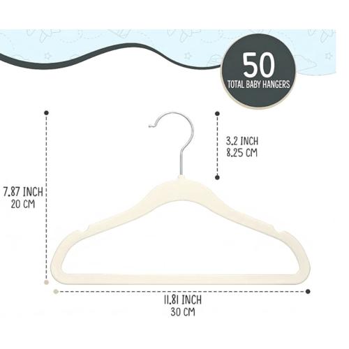 TechZoo 50 Premium Baby Velvet Hangers - 11.8" Non-Slip, Ultra-Slim Space-Saving Children Closet Hangers - 360° Swivel Hook, Strong & Durable Infant & Toddler Clothes Hangers for Wardrobe - Ivory