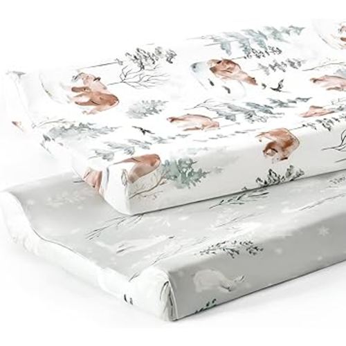 GRSSDER Stretch Ultra Soft Jersey Knit Changing Pad Cover Set 2 Pack, Change Table Pad Covers Fit 32"/34" x 16" Pads Safe and Snug, Pretty Pattern for Boys and Girls, Bear and Wolf Print