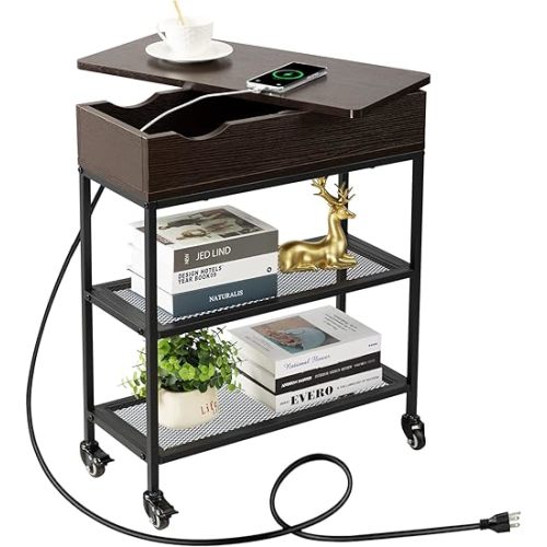 Hadulcet End Table with Charging Station & Rotating Top, Couch End Table, Rotating Swivel Top Side Table for Living Room & Bedroom, Narrow Rolling Side Table on Wheels, Skinny Nightstand, Black Walnut