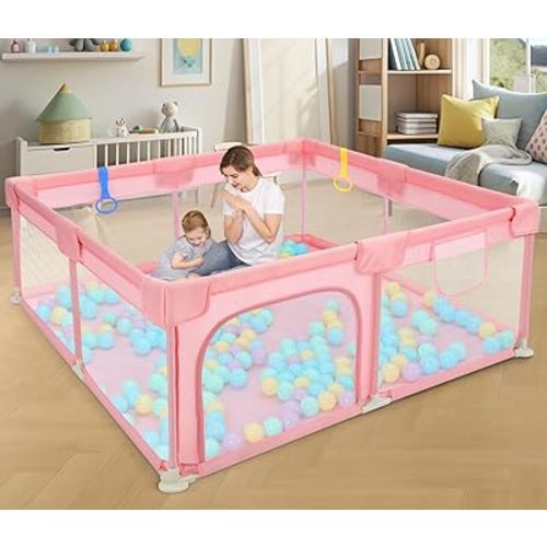 Dripex Baby Playpen, 52"×52" Play Pens for Babies and Toddlers, Safe Anti-Fall Play Yard with Gates, Baby Fence with Breathable Mesh, Indoor & Outdoor Kids Activity Center, Princess Pink