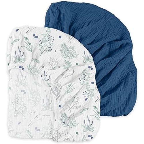 Muslin Mini Crib Sheets, 2 Pack for Baby Boy and Girl, Soft Breathable Stretchy Baby Pack N Play Mattress and Mini Cribs Sheet, Universal Fitted Portable/Mini Crib Mattresses (Blue Deer)