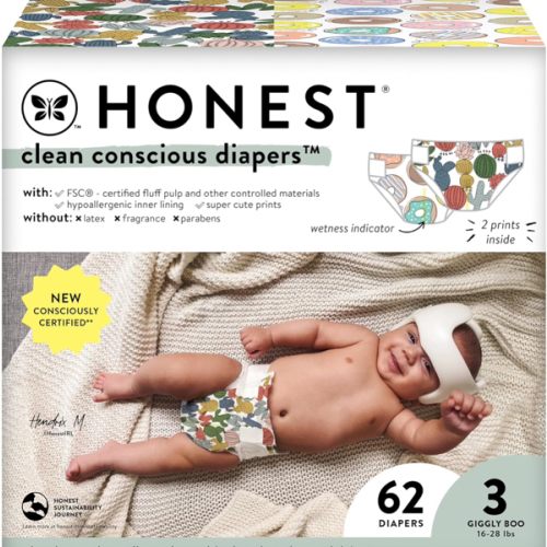 The Honest Company Clean Conscious Diapers | Plant-Based, Sustainable | Cactus Cuties + Donuts | Super Club Box, Size 3 (16-28 lbs), 120 Count