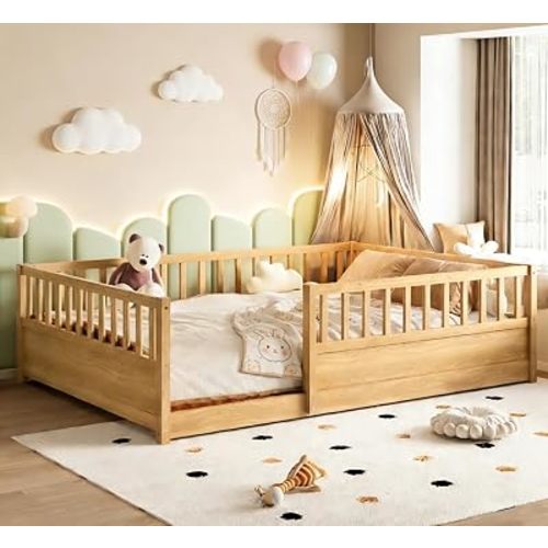 Bellemave Full Floor Bed with Full-Length Horizontal Safety Fence, Solid Pine Wood Montessori Bed for Kids Girls Boys Floor Bed Frame, Natural with slats