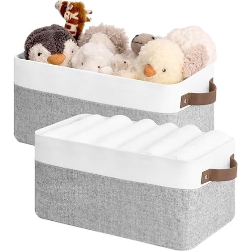 StorageWorks Narrow Storage Bins, Small Basket for Closet and Shelves, Rectangular Fabric Organizer with Handles, Toilet Paper Storage, Gray and White Stripes, 2-Pack