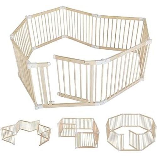 Foldable Wooden Baby Playpen Large Play Yard for Babies and Toddlers, 2 in 1 Portable Fence Custom 25" Tall Wood Gate with Adjustable Size & Shape for Infants 3-12 Months Indoor/Outdoor Area