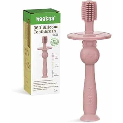 haakaa 360° Baby Toothbrush with Suction Base - Gentle Cleaning for Infant Self-Brushing Training, Food-Grade Silicone, Adjustable Safety Shield - Blush (1 Piece)