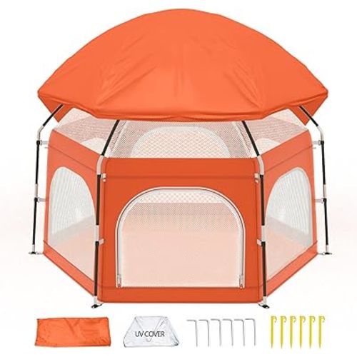 Baby Playpen with Canopy, Portable Outdoor & Indoor Baby Beach Tent for Babies and Toddlers, Foldable Play Yard with Mosquito Net, Travel Play Yard Includes Sand Stakes & Carry Bag