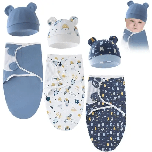 3 Sets Baby Swaddle Sleep Sack with Hat Set, Soft Baby Swaddling Blankets Cute Baby Swaddling Blankets for 0-3 Months