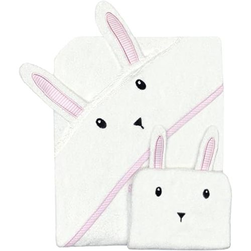 Unisex Baby Cotton Hooded Bath Towel and Washcloth Glove Set, Adorable Bunny, White
