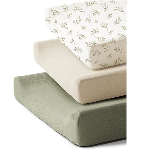3 Pack Muslin Changing Pad Covers for Girl, Boy, 100% Soft Cotton Changing Table Cover, Breathable Baby Nursery Diaper Chang Pad Sheets (Leaf)