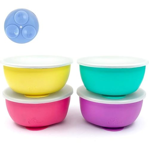Elk and Friends Stainless Steel Bowls with Silicone Sleeve for Babies & Toddlers | Lids Included | Stay Put Suction | Cereal & Snack Bowls | 4 Pack