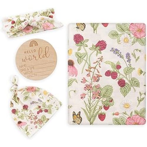 Muslin Swaddle Blanket with Hat and Headband Bow, Floral Pattern Swaddle Set for Baby Boys & Girls, Unisex Newborn Soft Receiving Swaddle Wrap, 47x47 inches