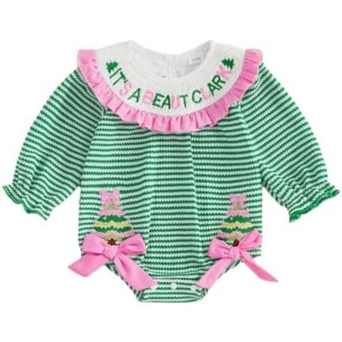 Baby Girl Christmas Romper Long Sleeve Smocked Santa/Tree Bodysuit